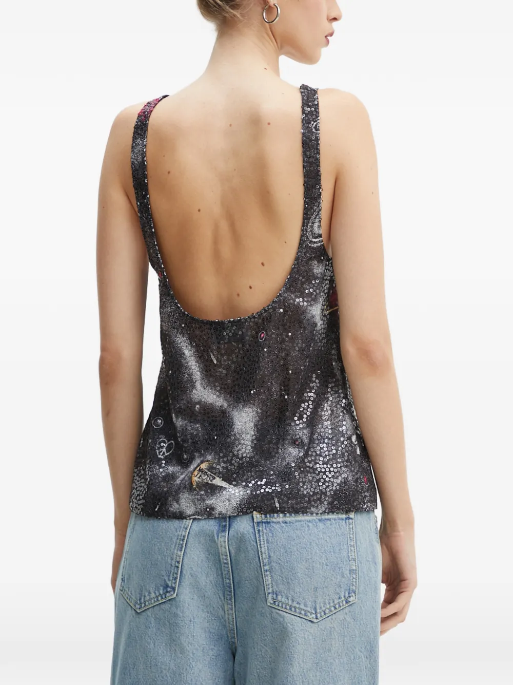  Moschino Jeans Sequin Graphic Print Top - Black 