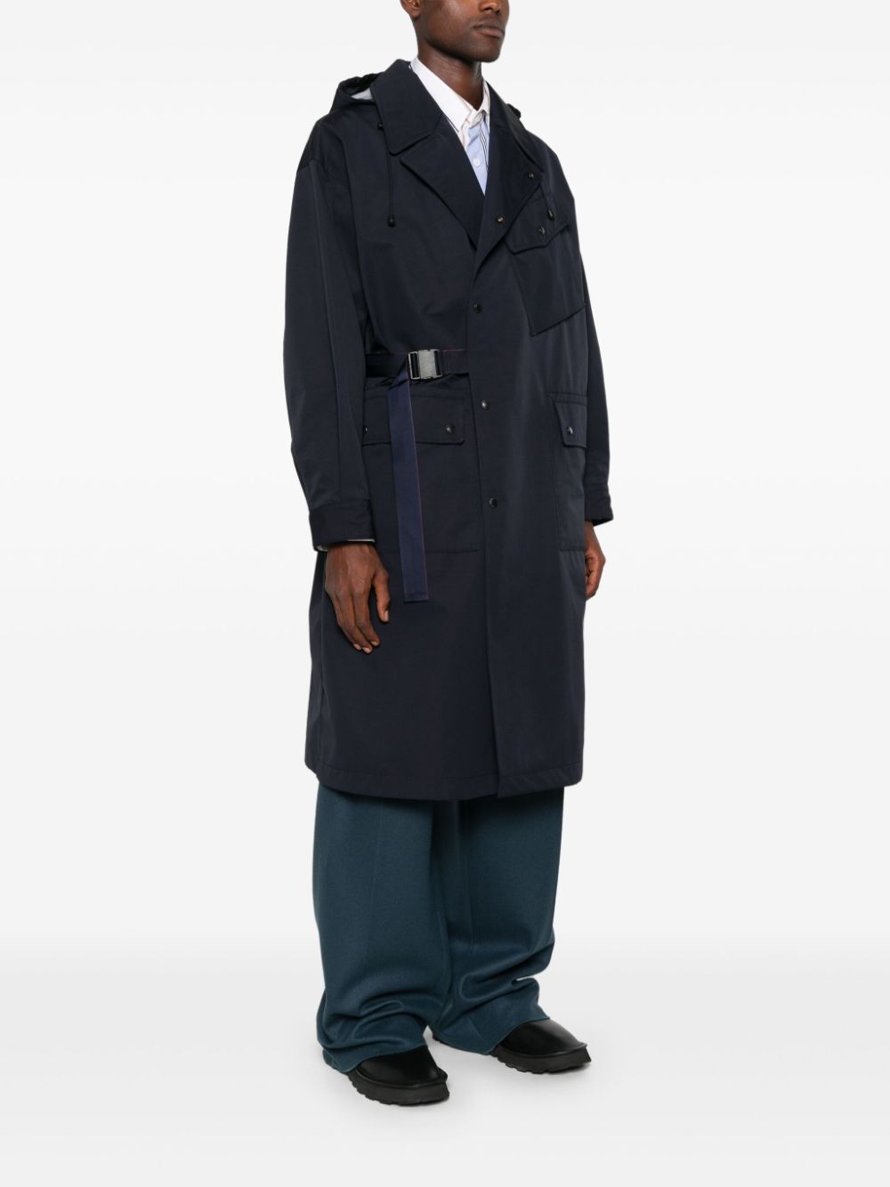 Shop Comme Des Garçons Hooded Trench Coat In Blue