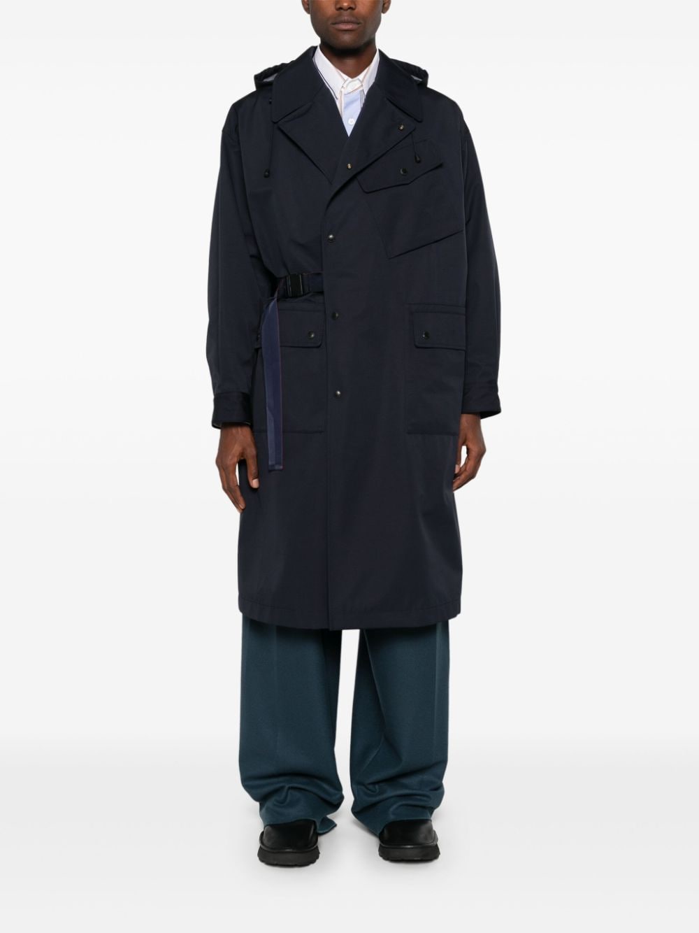 Shop Comme Des Garçons Hooded Trench Coat In Blue