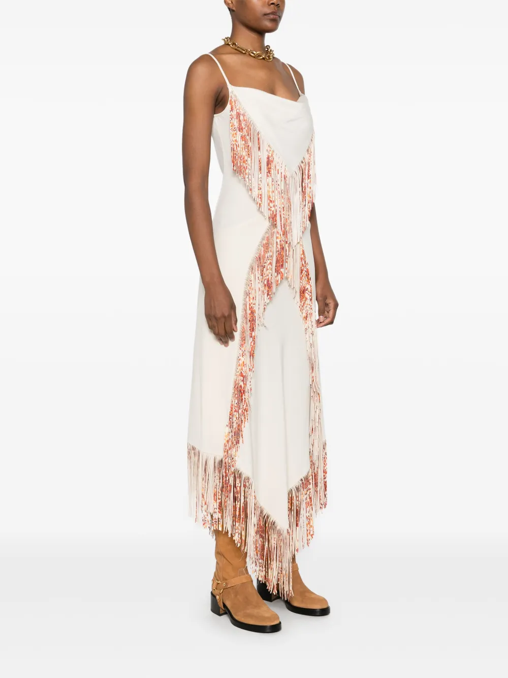Rabanne Fringed Asymmetric Midi Dress In Neutrals