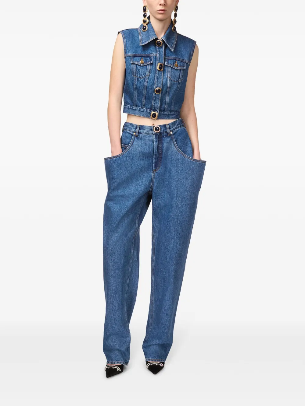 AREA GEMSTONE-EMBELLISHED DENIM GILET 