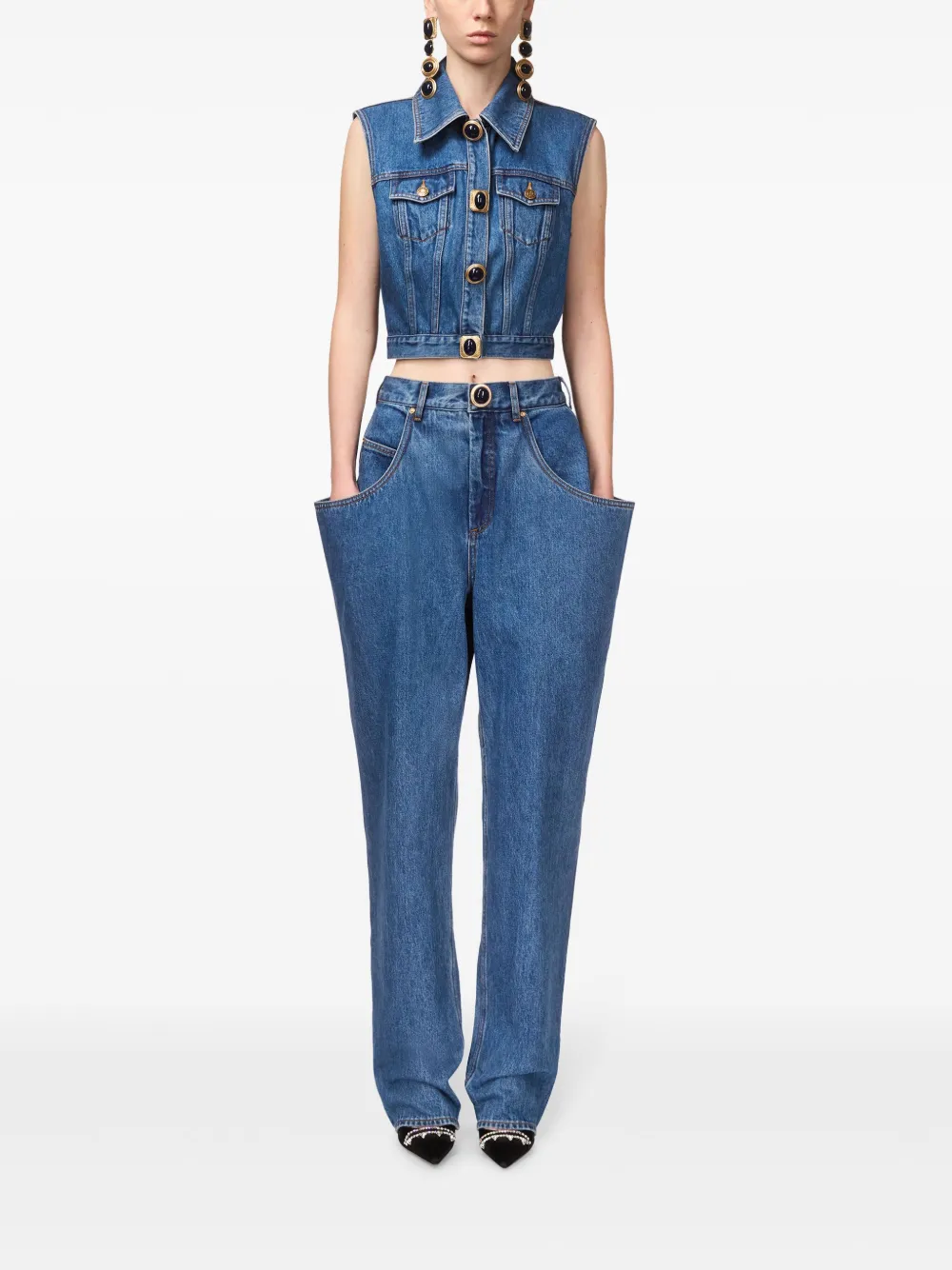 AREA GEMSTONE-EMBELLISHED DENIM GILET 