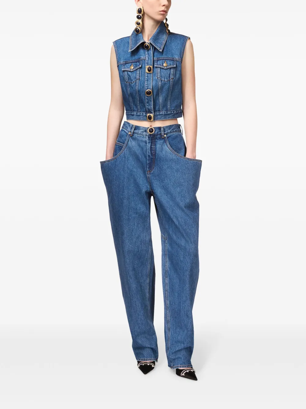 AREA GEMSTONE-EMBELLISHED DENIM GILET 