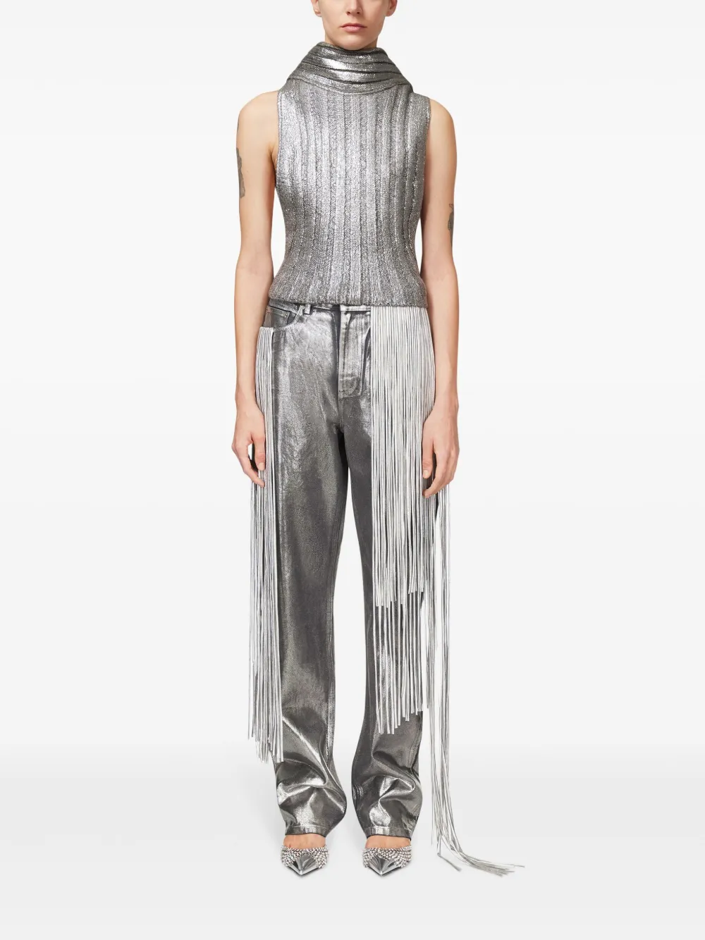 Shop Area Metallic Fringed Straight-leg Jeans In Silver