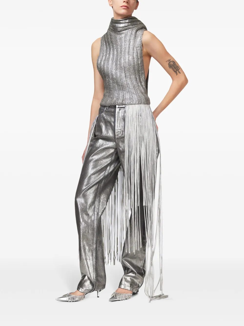 AREA Metallic straight jeans met franje - Zilver