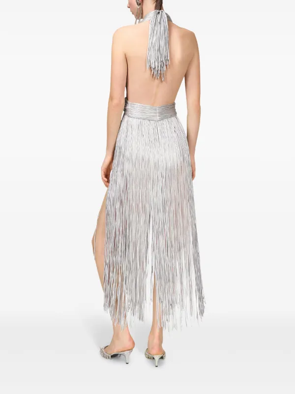 AREA Metallic Fringed Halter Minidress | Silver | FARFETCH