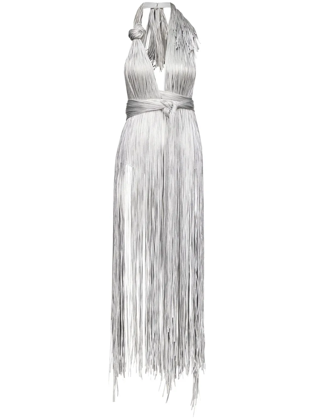AREA METALLIC FRINGED HALTER MINIDRESS