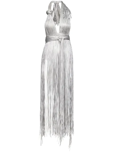 AREA metallic fringed halter minidress