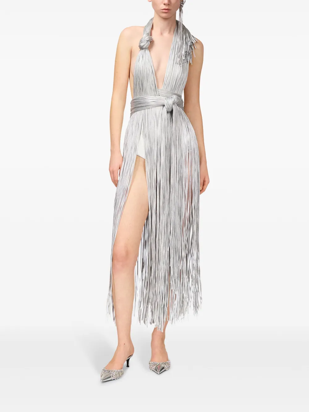 AREA METALLIC FRINGED HALTER MINIDRESS