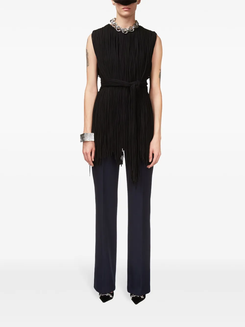 Shop Area Sleeveless Fringed Top In Black