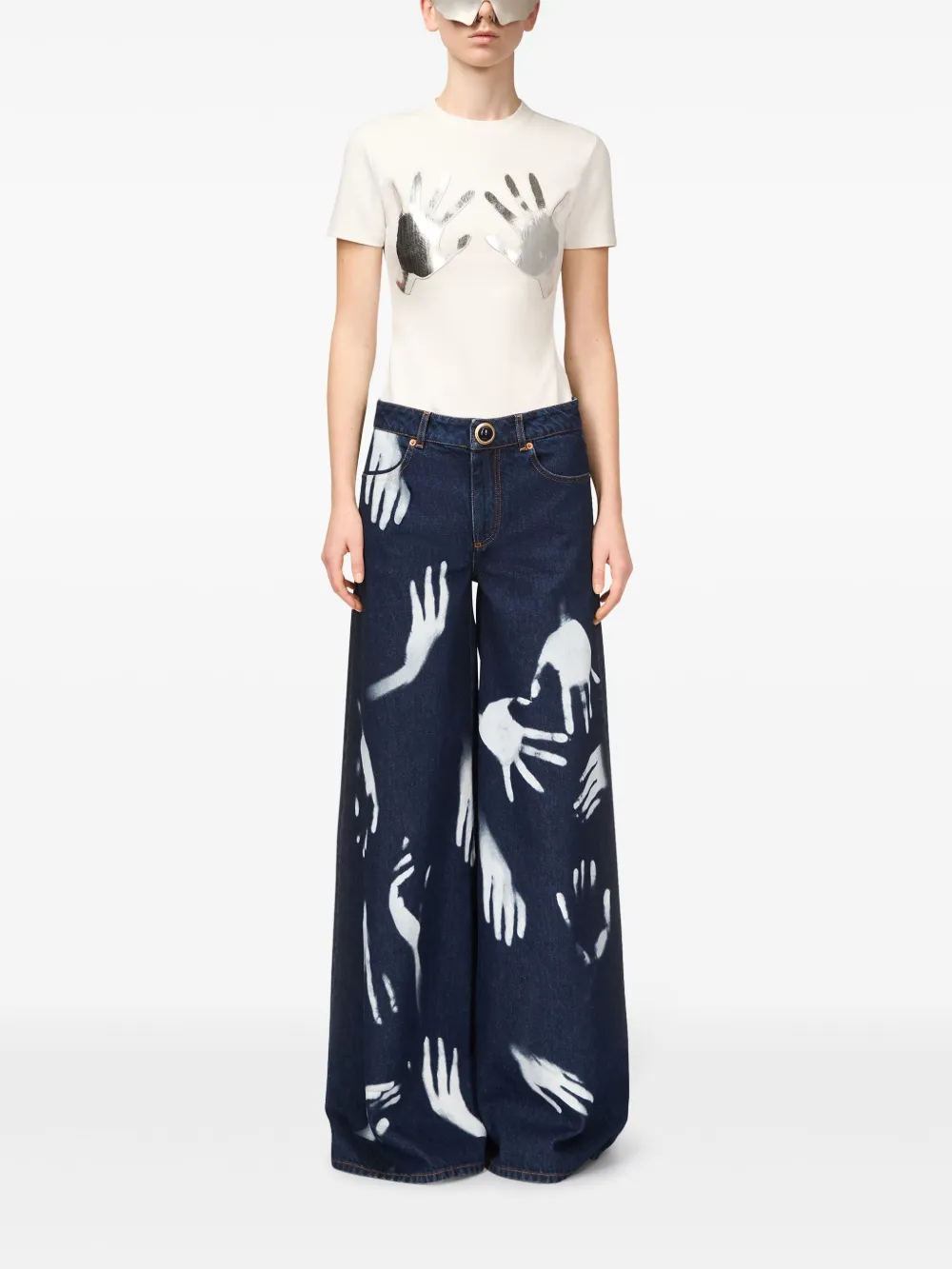 AREA Jeans met wijde pijpen en print Blauw