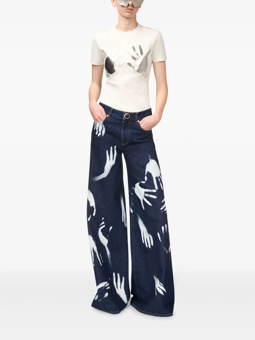 AREA Jeans met wijde pijpen en print - Blauw