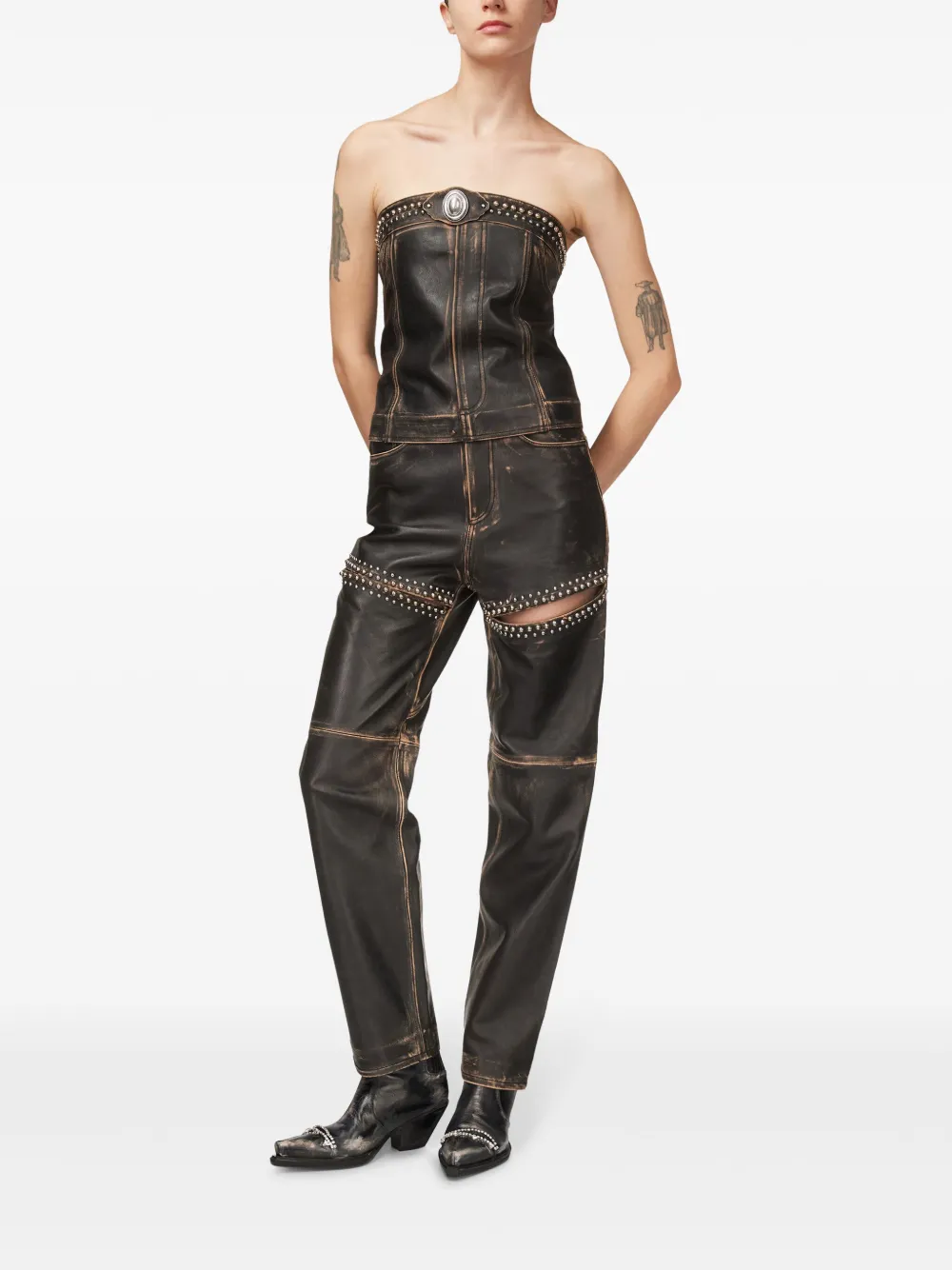 AREA Leren strapless top met studs - Zwart
