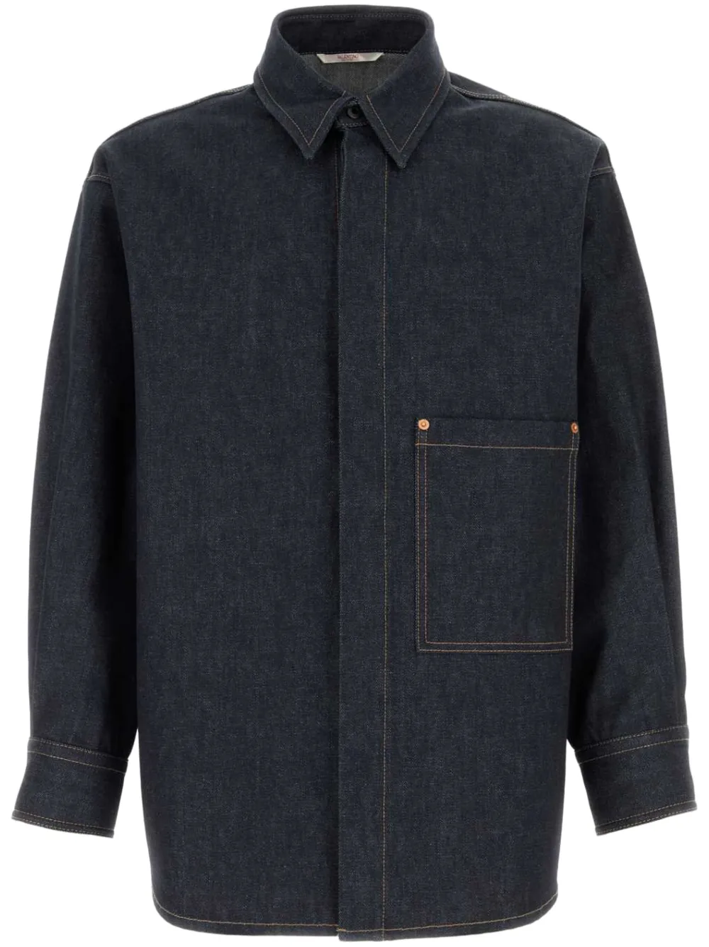 Valentino Denim Overshirt With Hidden Buttoning And Leather Logo Patch In 528|denimscuro
