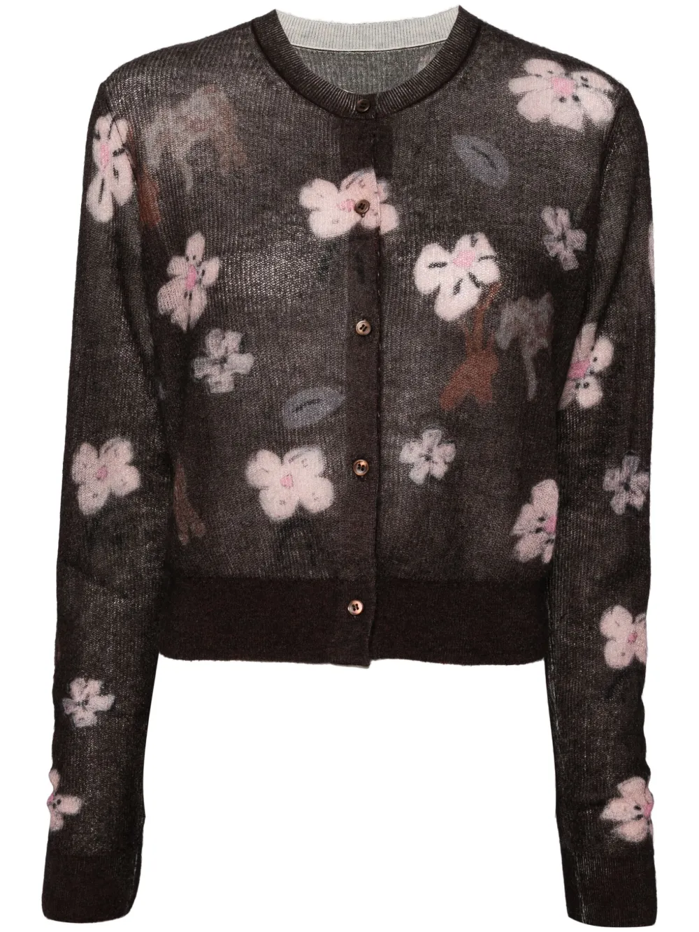 Shop Jnby Floral-print Button-up Cardigan In Brown