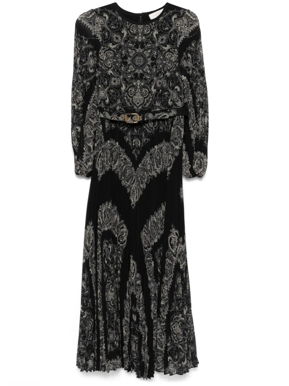 Zimmermann Sunray Belted Printed Recycled Plissé-chiffon Midi Dress In Black
