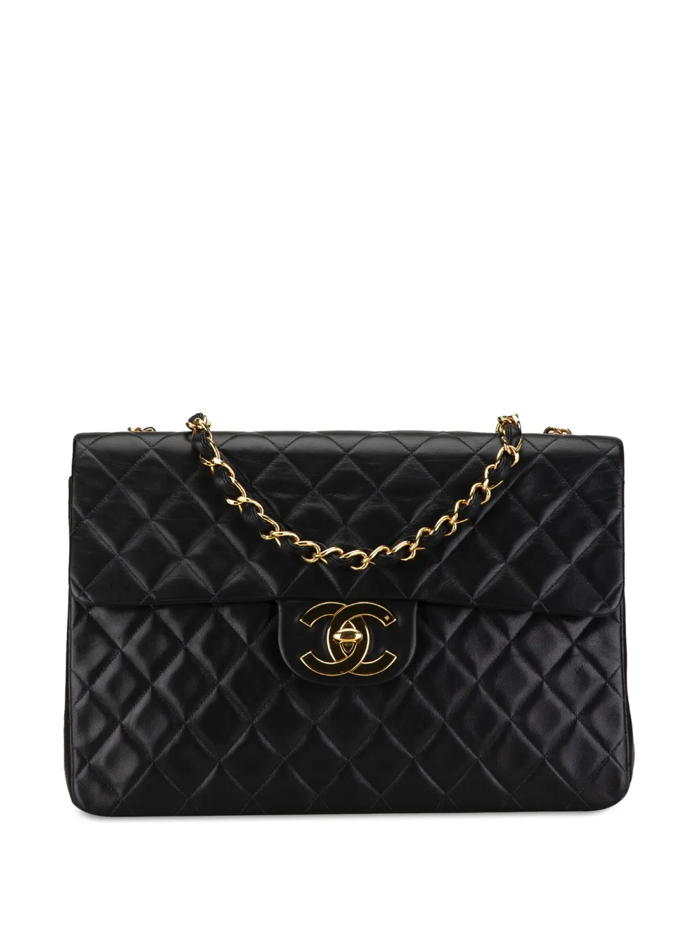 Pre-owned Chanel 1991-1994 Maxi Xl Classic Lambskin Single Flap Shoulder Bag In Black
