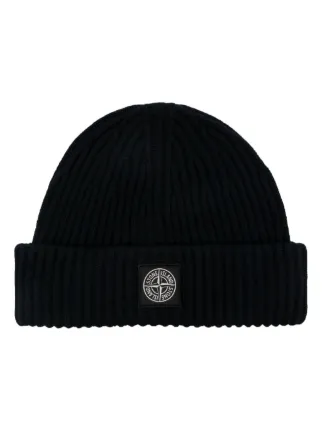 Stone Island logo patch Beanie Hat Blue FARFETCH UK