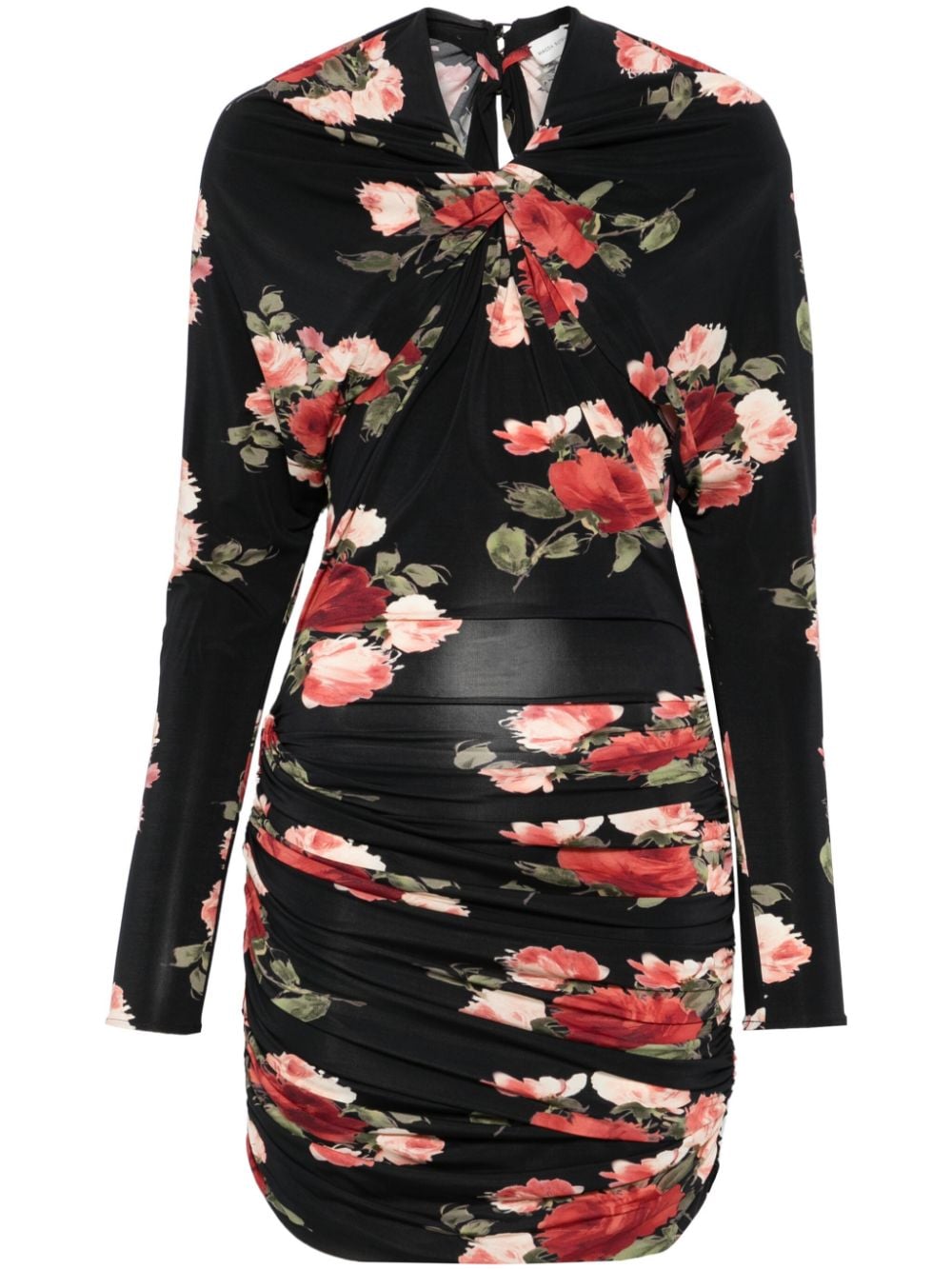 floral-print draped mini dress