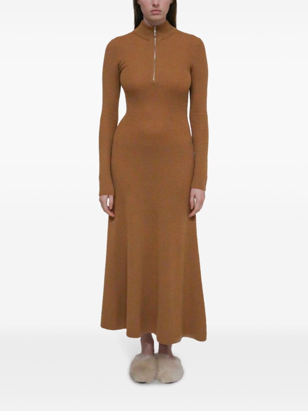 Shop Rosetta Getty Zip-up Ribbed Knit Dress In Brown