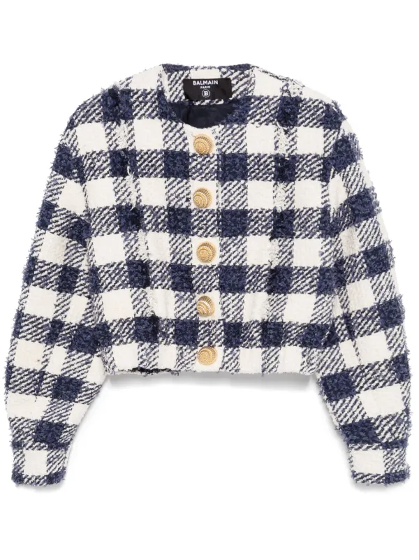 【関税込み】Balmain ブルー＆ホワイト チェック ジャケット 関税込み】Balmain ブルー＆ホワイト チェック ジャケット