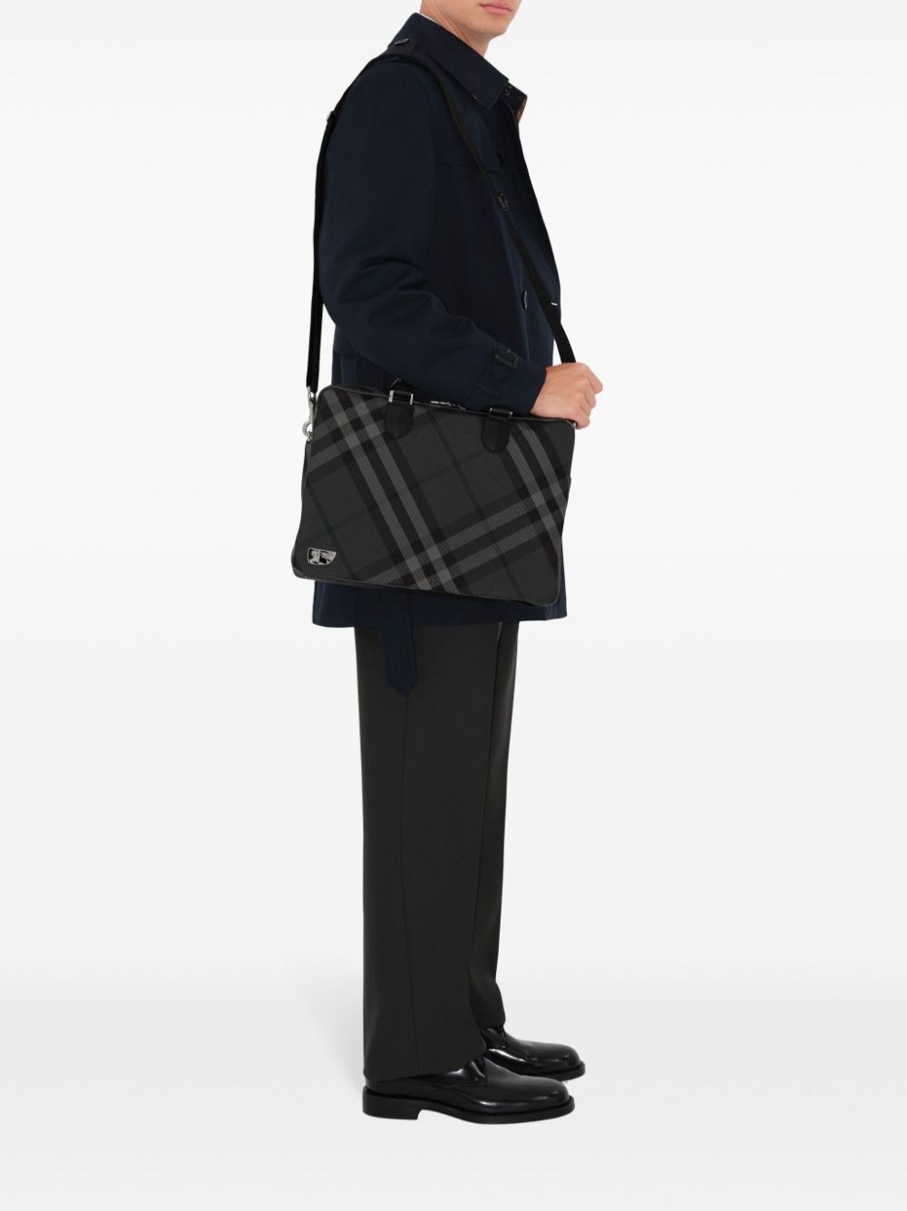 Shop Burberry Grid Check Briefcase In Black