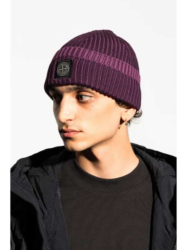 Stone Island logo patch Beanie Hat Purple FARFETCH UK