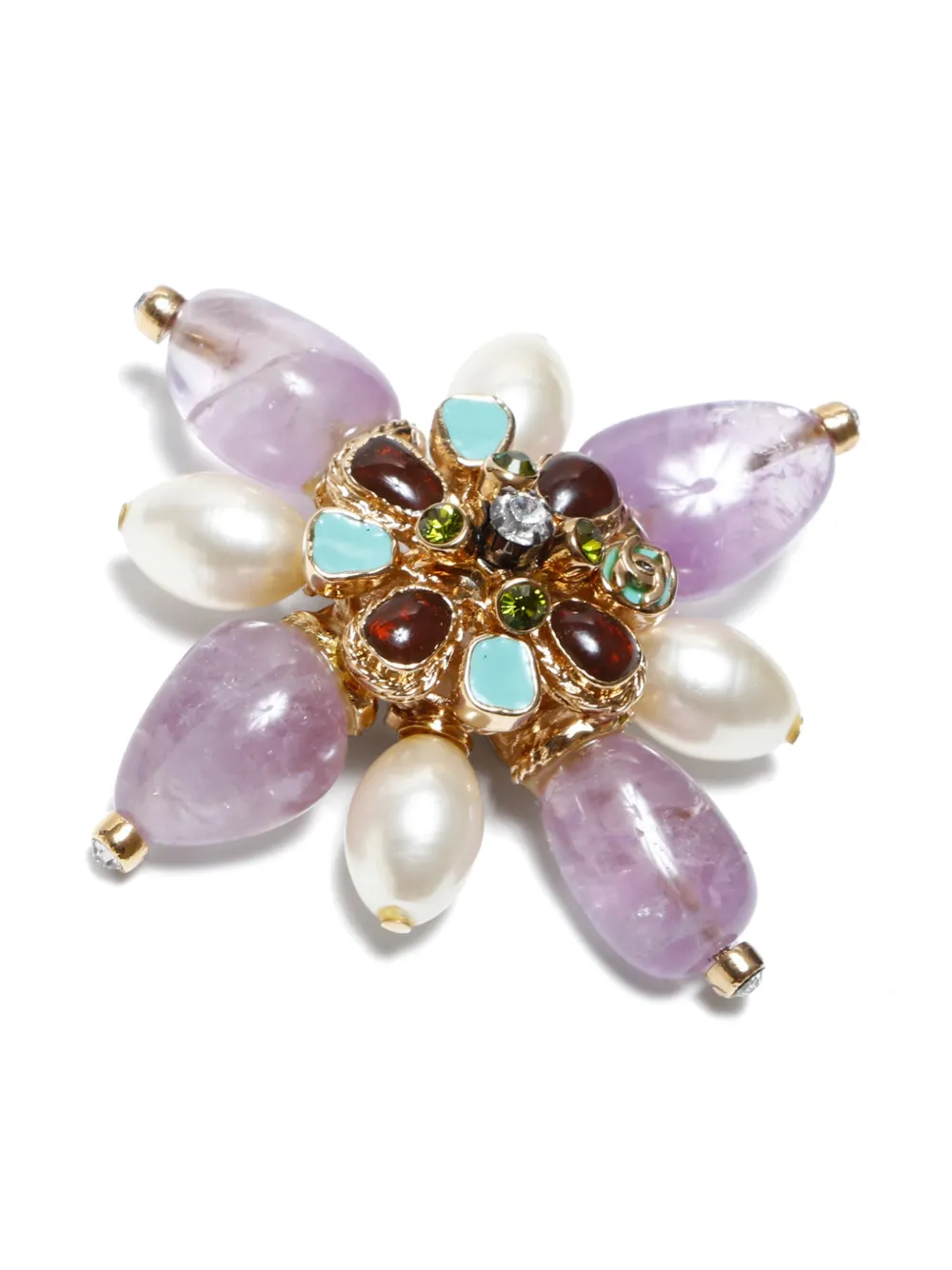 Pre-owned Chanel 2005 Floral Stone Brooch In Gold