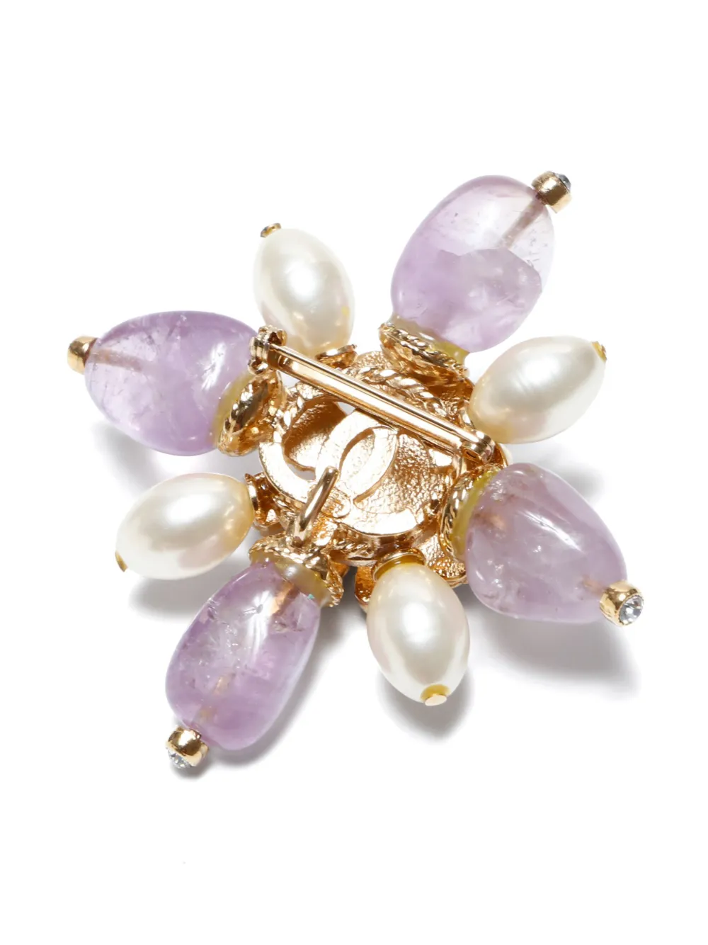 Pre-owned Chanel 2005 Floral Stone Brooch In Gold