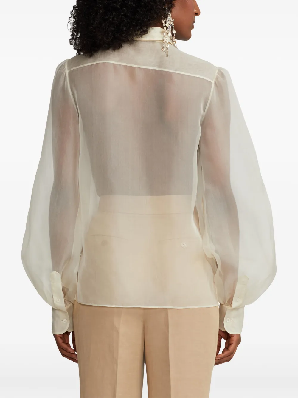 Polo Ralph Lauren Dylon Ruffle-bib Feather-trim Organza Collared Shirt In Neutrals