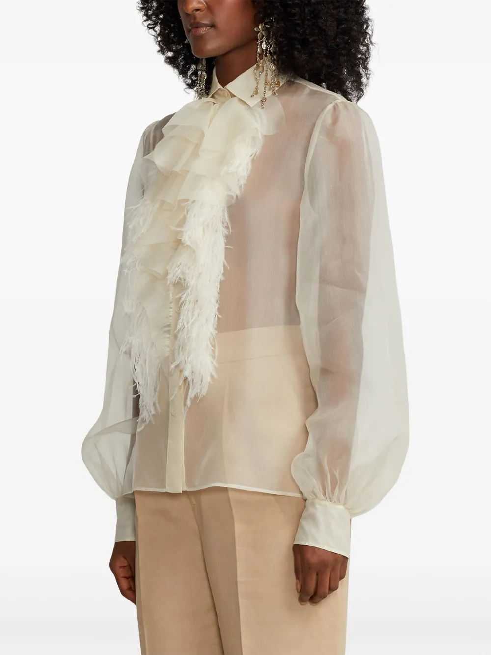 Polo Ralph Lauren Dylon Ruffle-bib Feather-trim Organza Collared Shirt In Neutrals