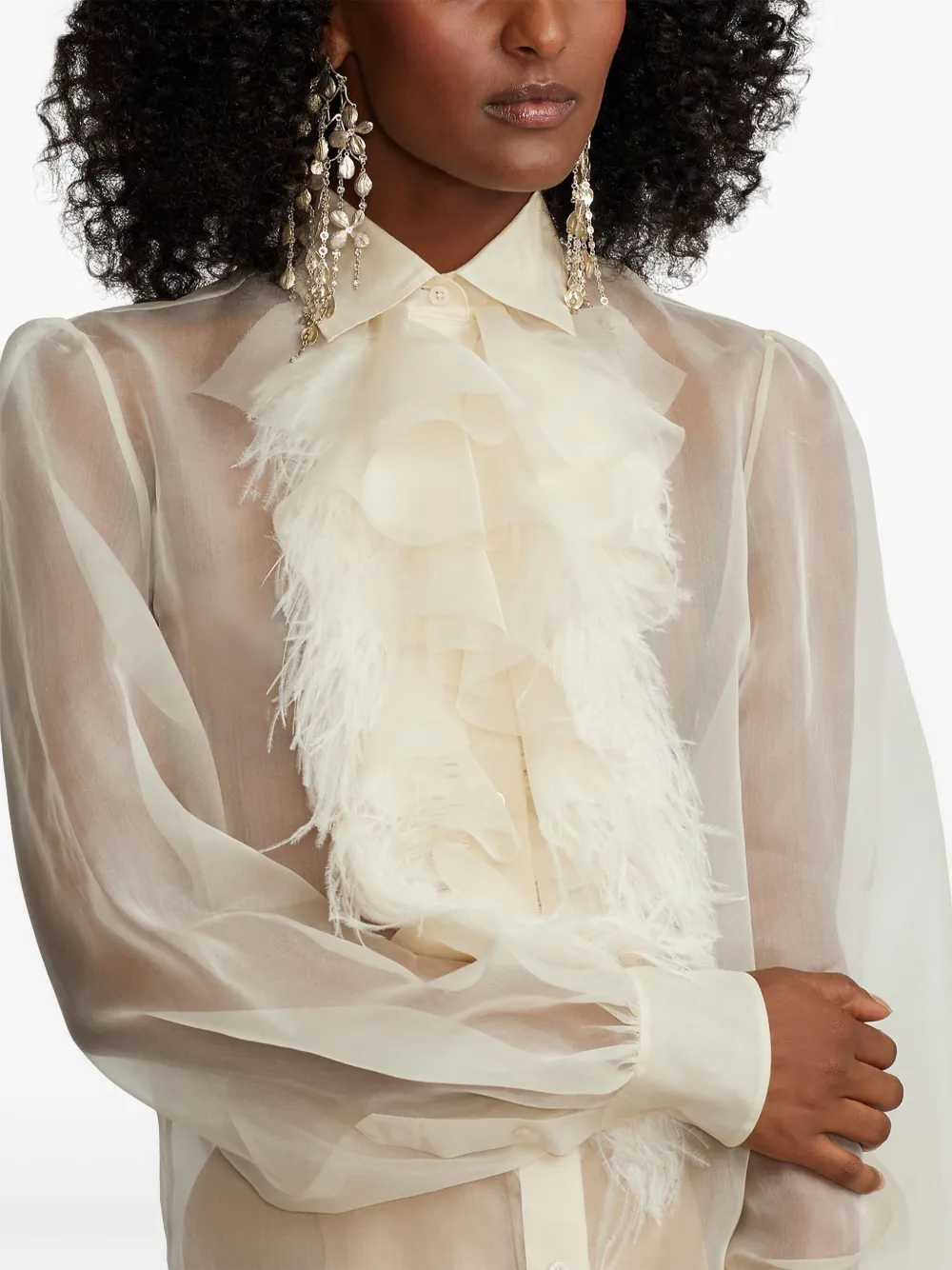 Polo Ralph Lauren Dylon Ruffle-bib Feather-trim Organza Collared Shirt In Neutrals