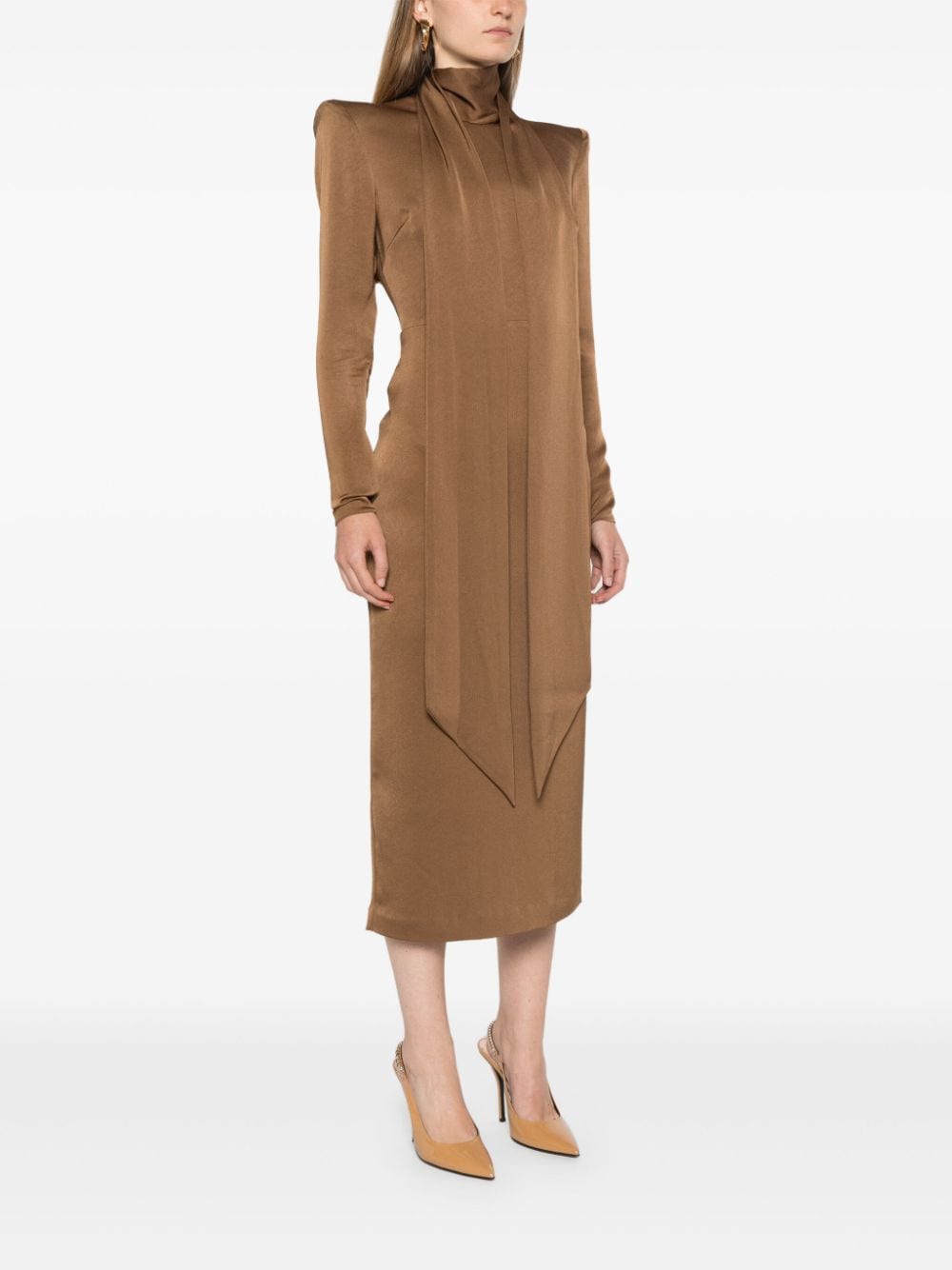 Shop Alex Perry Scarf-detail Satin Midi Dress In Brown