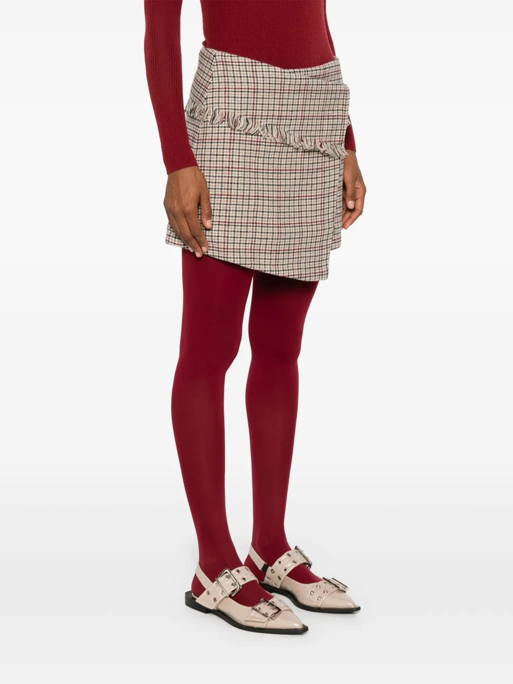 Shop Ganni Checked Wrap Mini Skirt In Nude