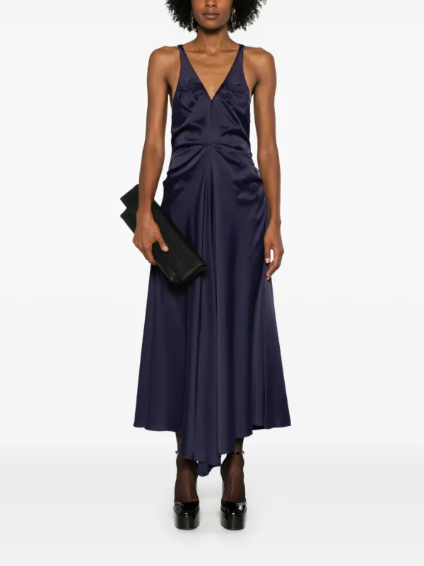 pleated maxi dress blue Backless Pleated Long Sleeve Maxi Dress Blue / L