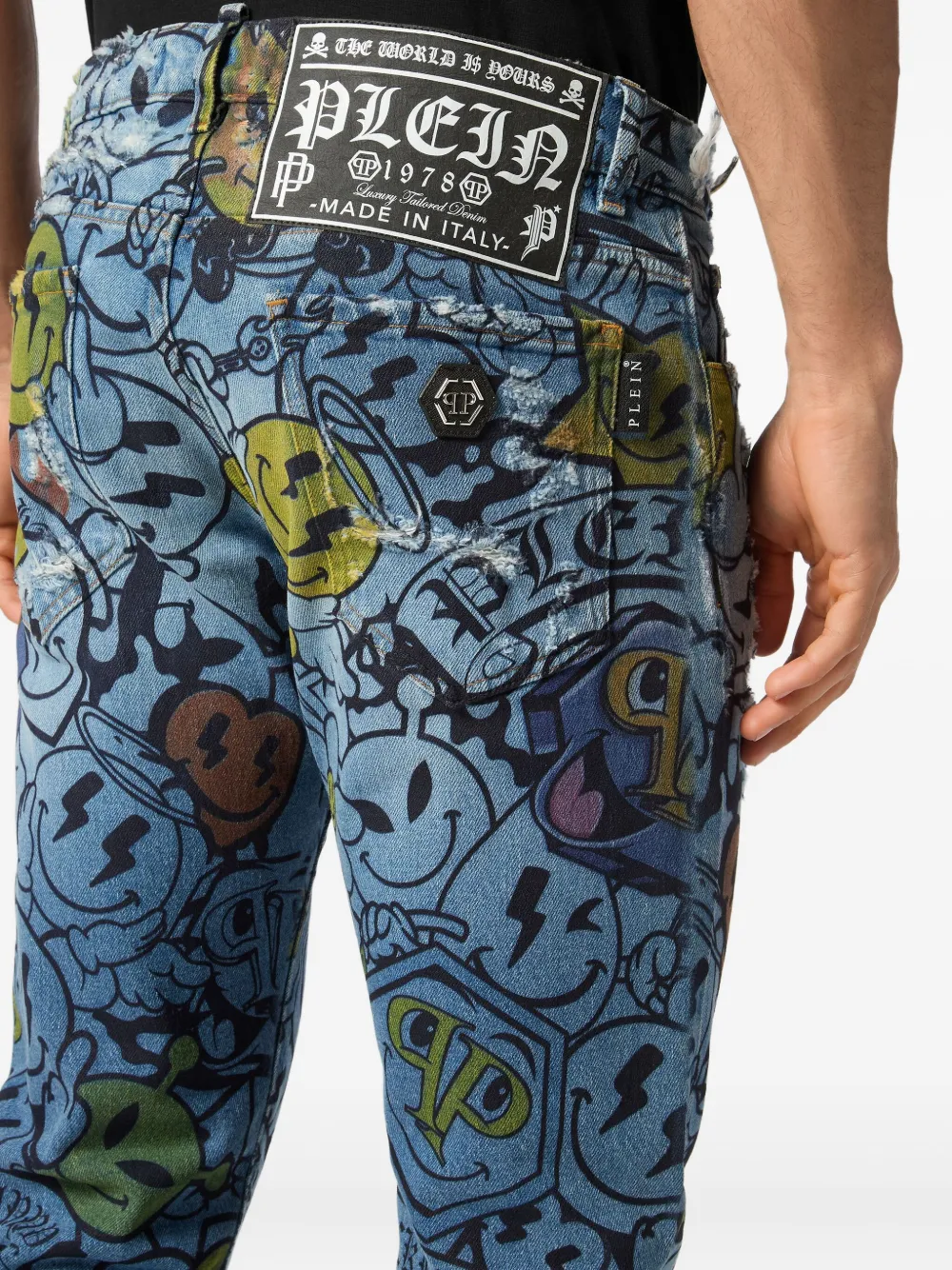 Philipp Plein smile-print distressed jeans Blauw