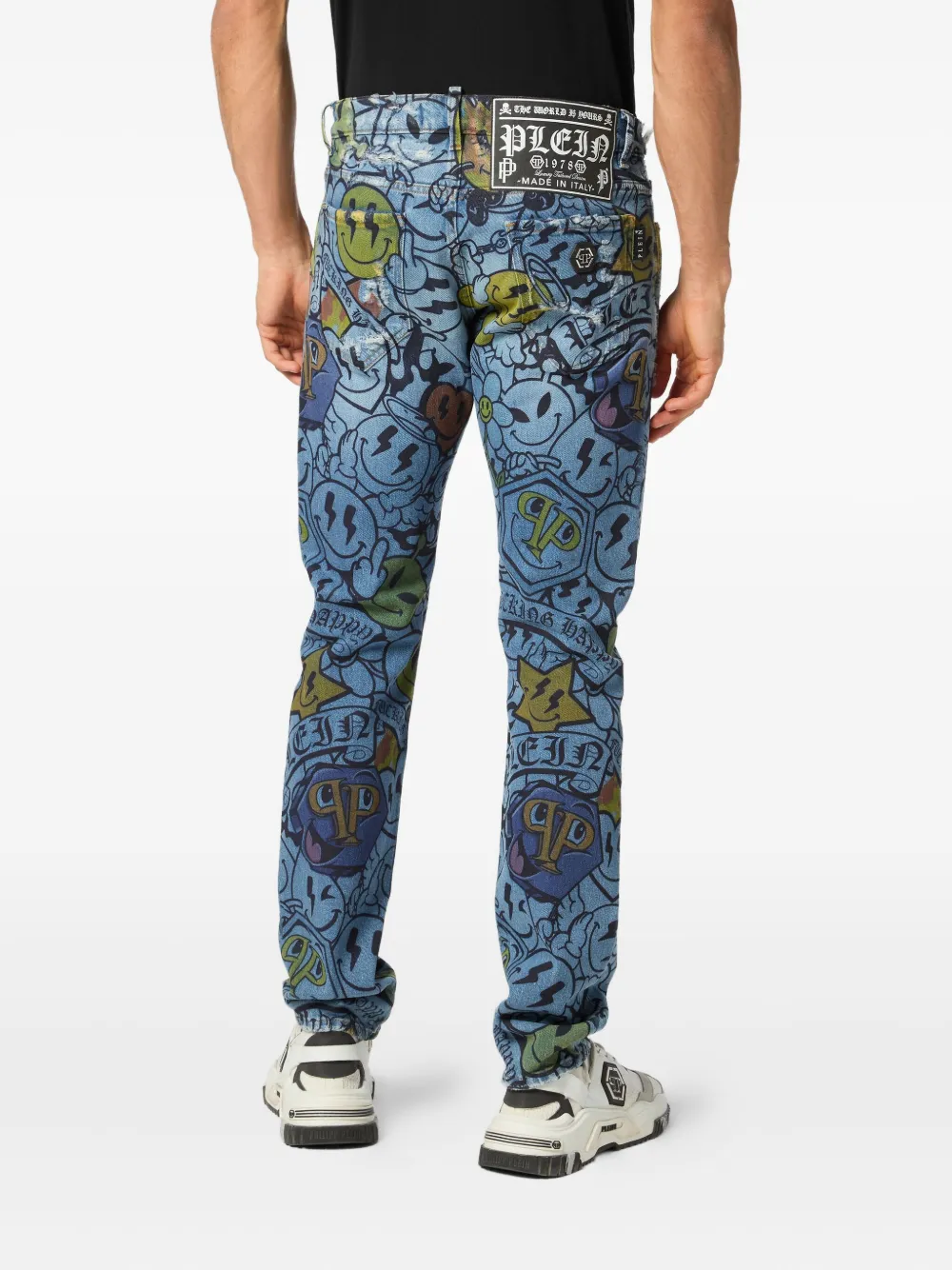 Philipp Plein smile-print distressed jeans Blauw