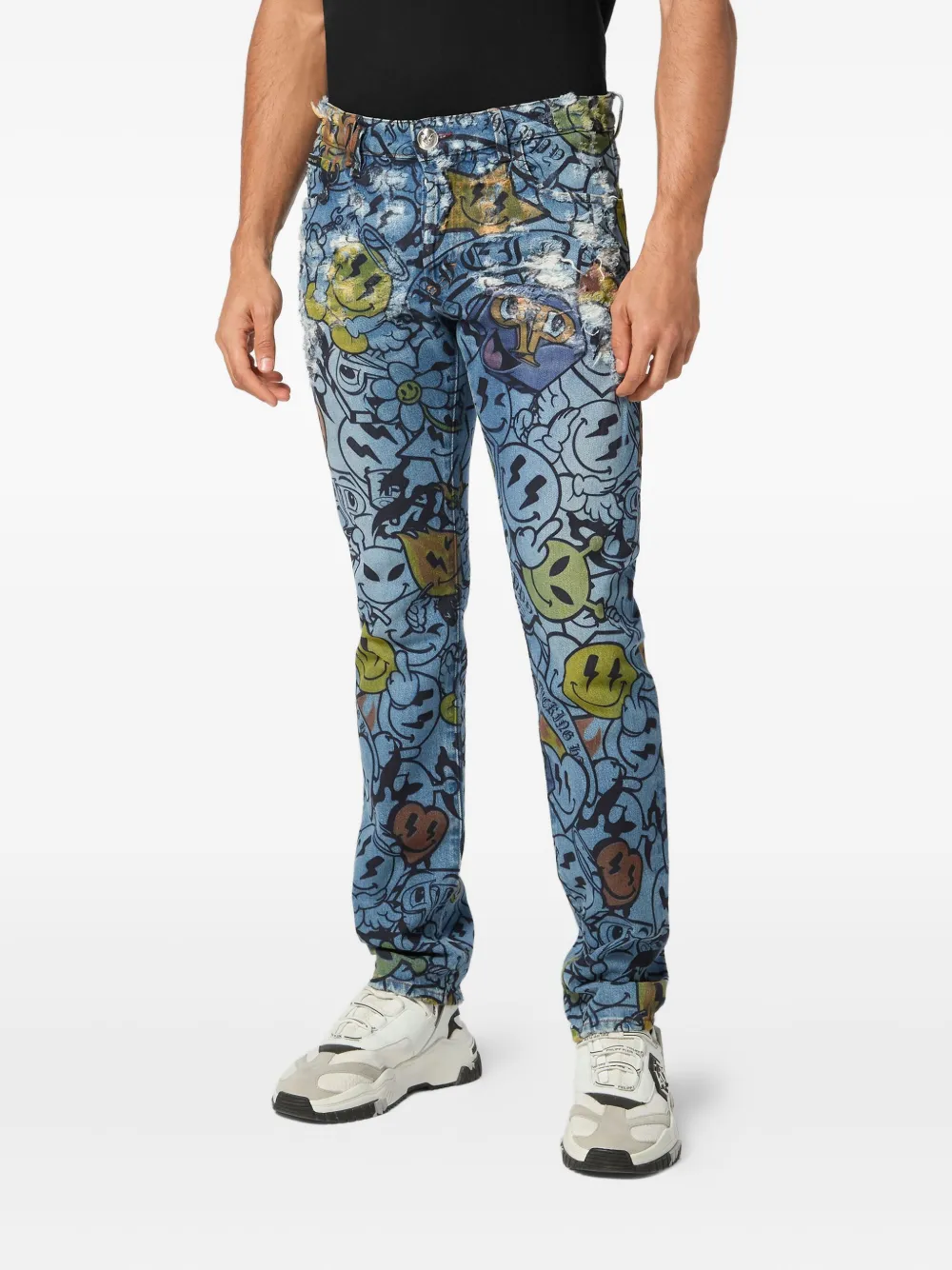 Philipp Plein smile-print distressed jeans Blauw