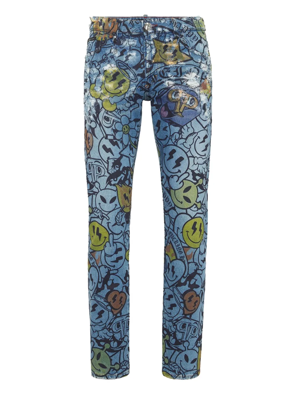 Philipp Plein smile-print distressed jeans Blauw