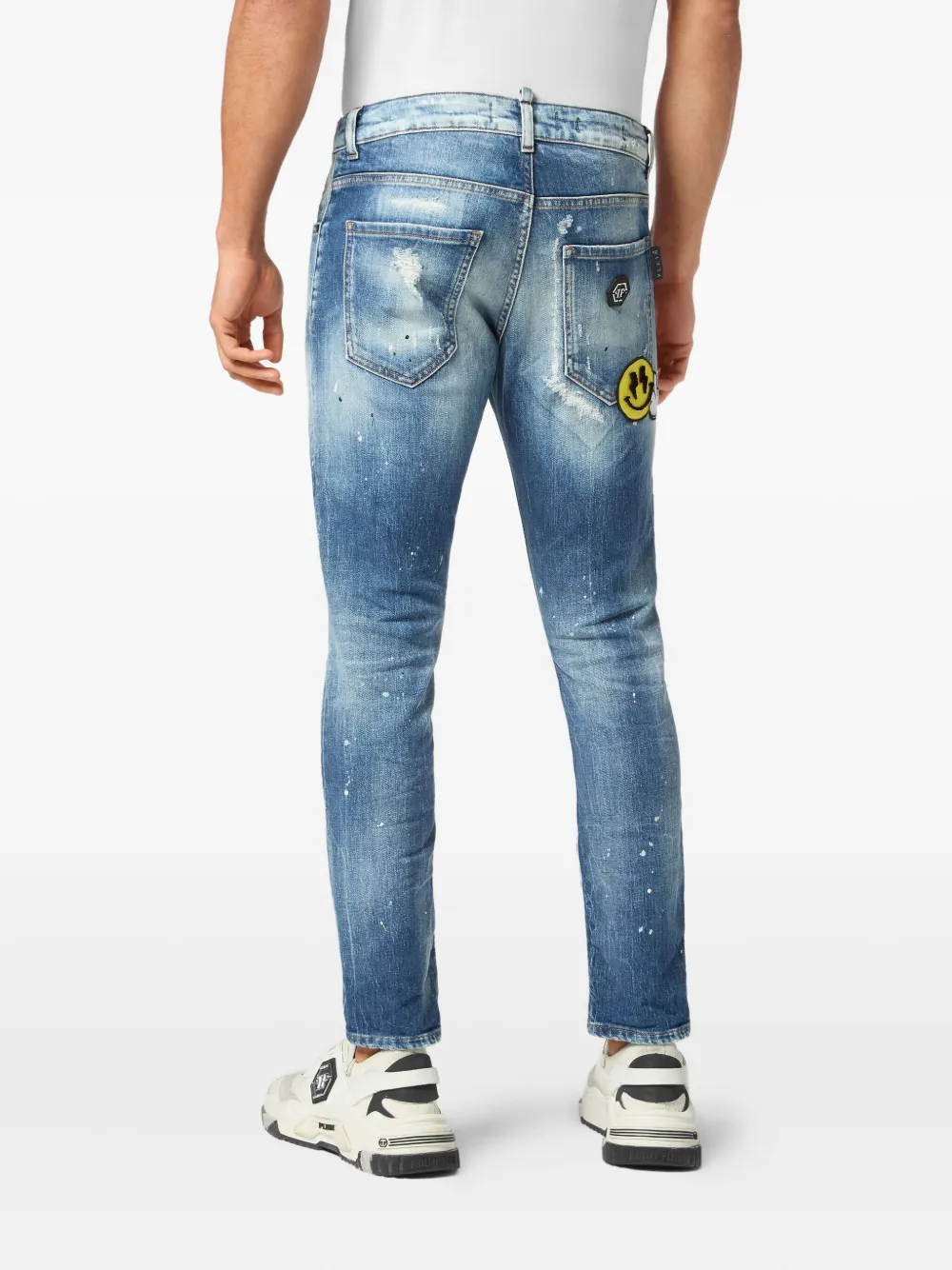 Philipp Plein paint-splatter distressed jeans Blauw