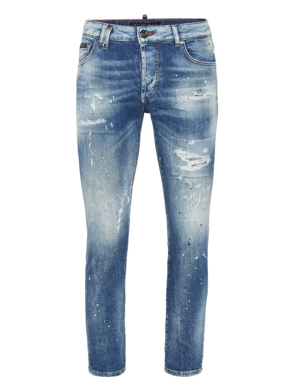 Philipp Plein paint-splatter distressed jeans Blauw