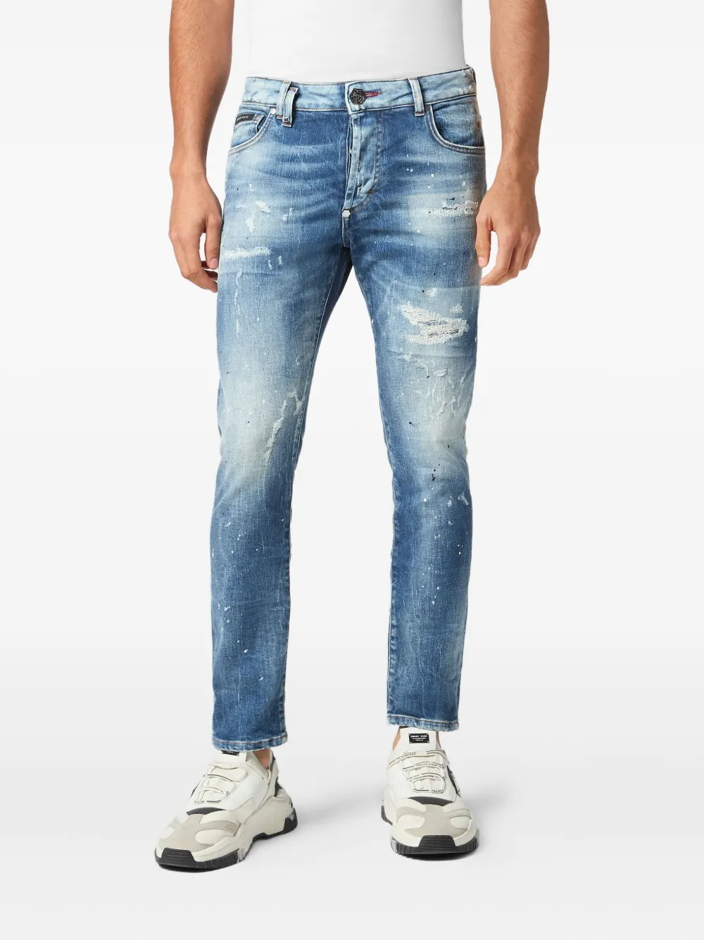Philipp Plein paint-splatter distressed jeans Blauw