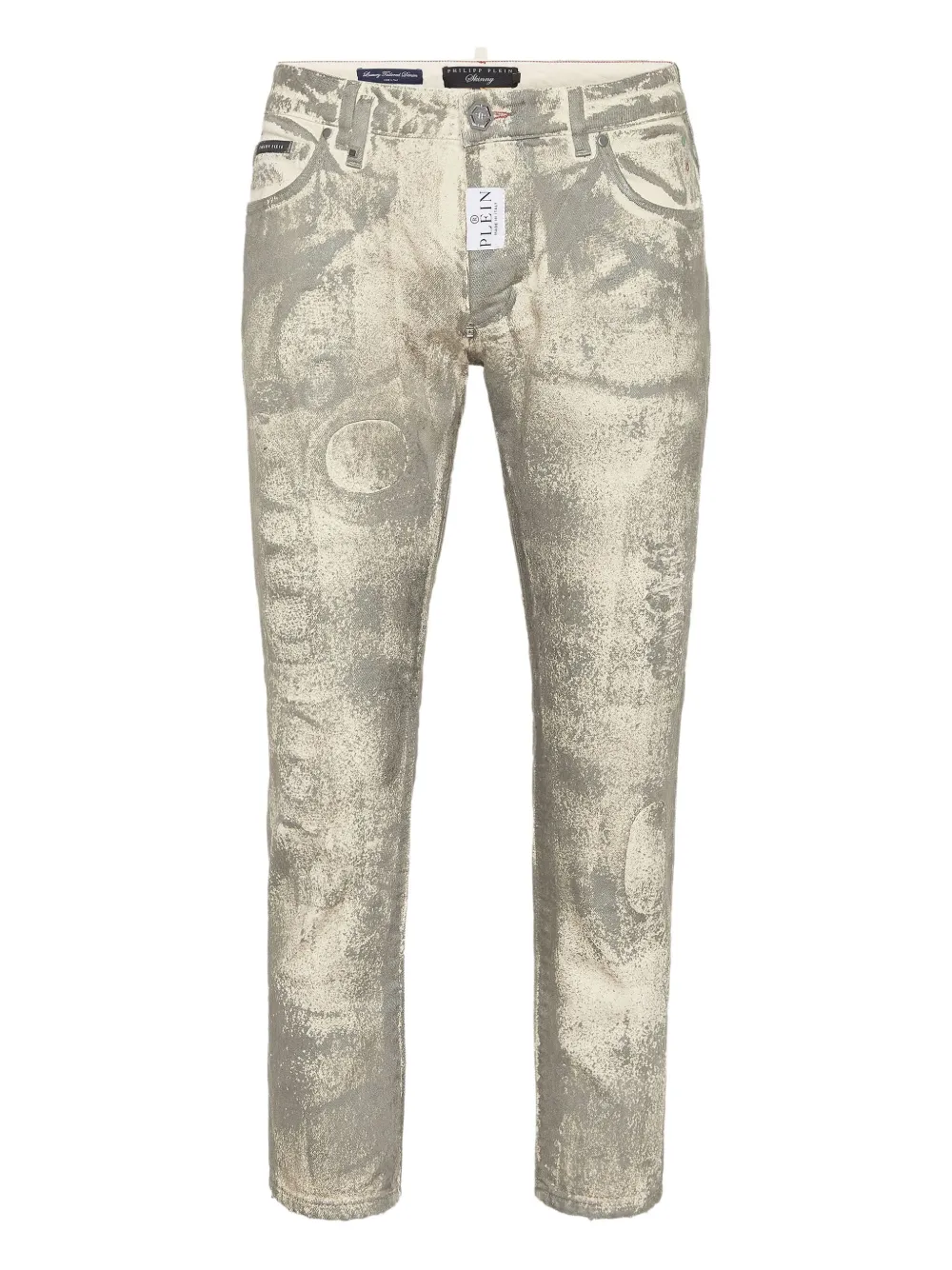 metallic-splatter jeans