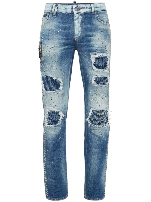 Philipp Plein Denim Rock Star Fit Trousers Studs | Blue | FARFETCH AZ
