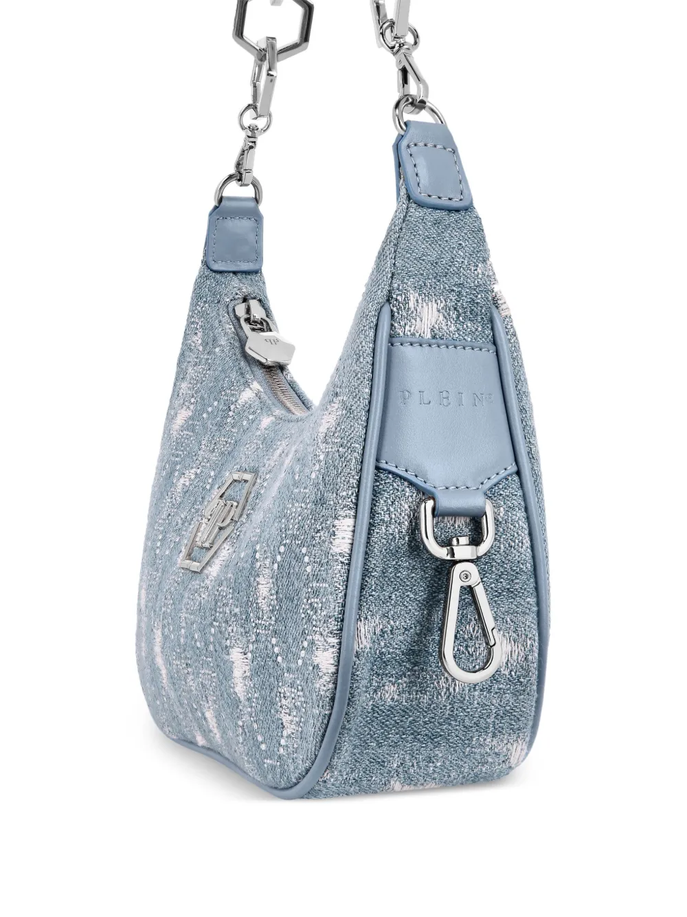 PHILIPP PLEIN MONOGRAM DISTRESSED DENIM SHOULDER BAG