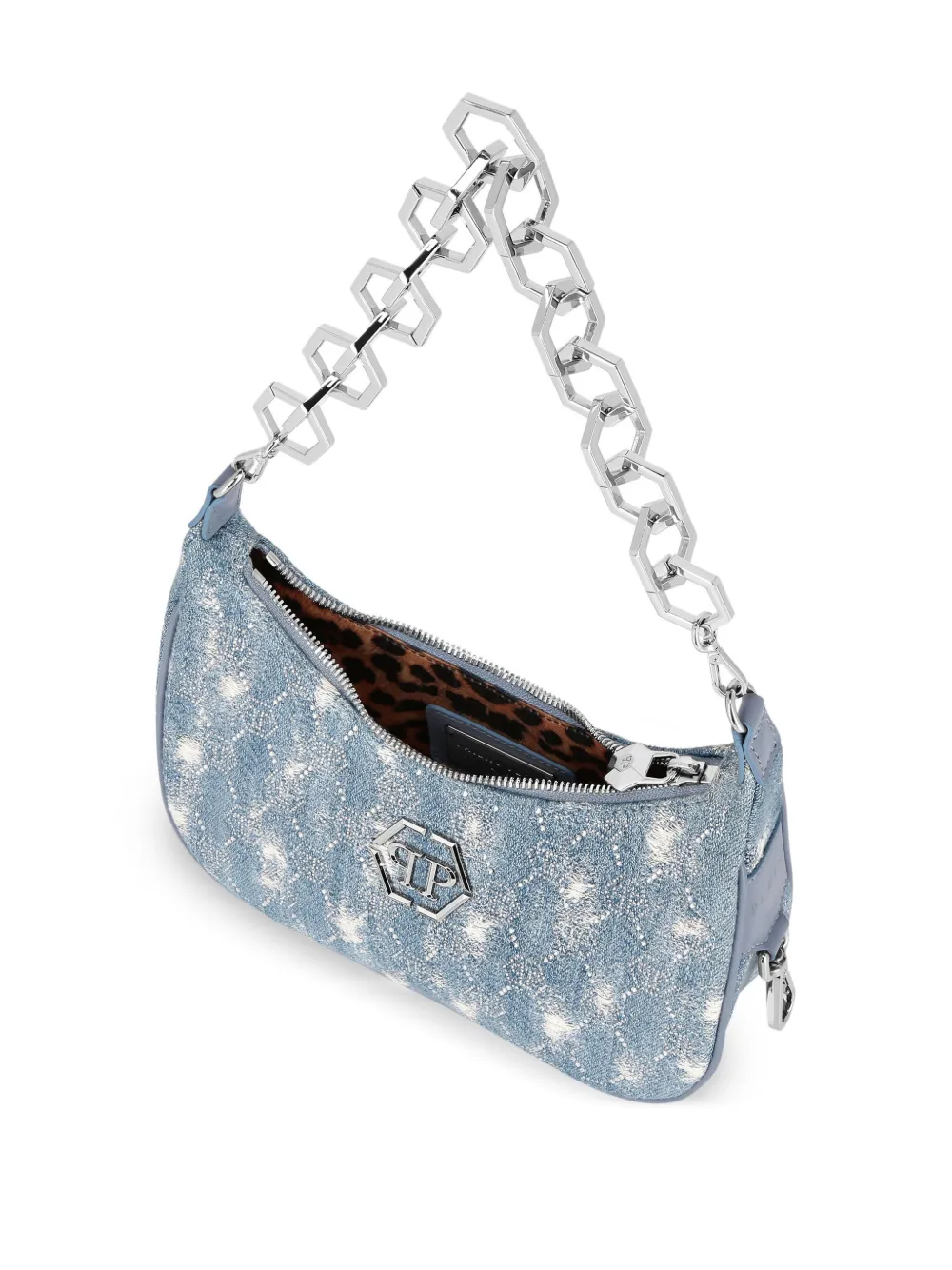 PHILIPP PLEIN MONOGRAM DISTRESSED DENIM SHOULDER BAG