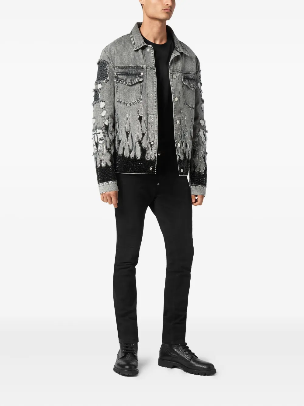 Philipp Plein Strass Flame oversize denim jacket - Grijs