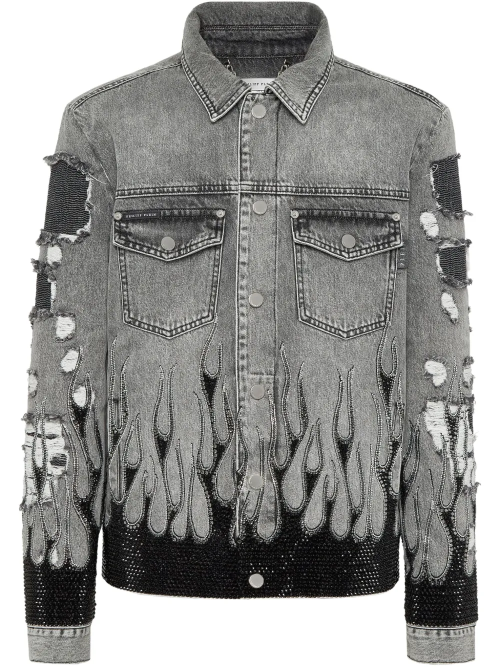 Philipp Plein Strass Flame oversized denim jack Grijs