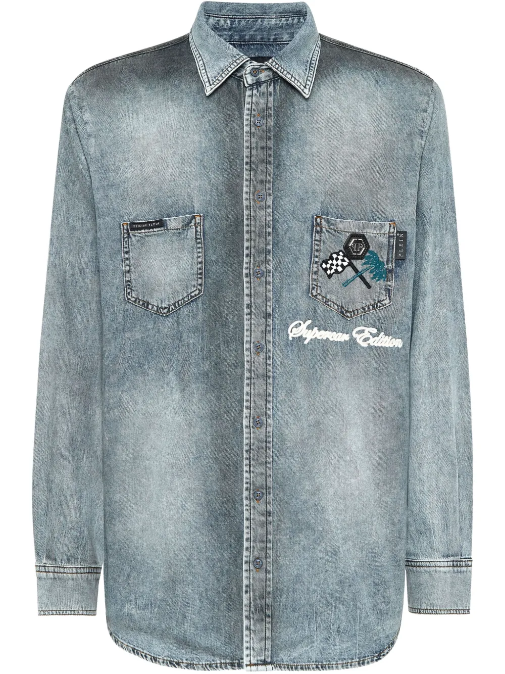 Philipp Plein Cars Racing denim overhemd Blauw