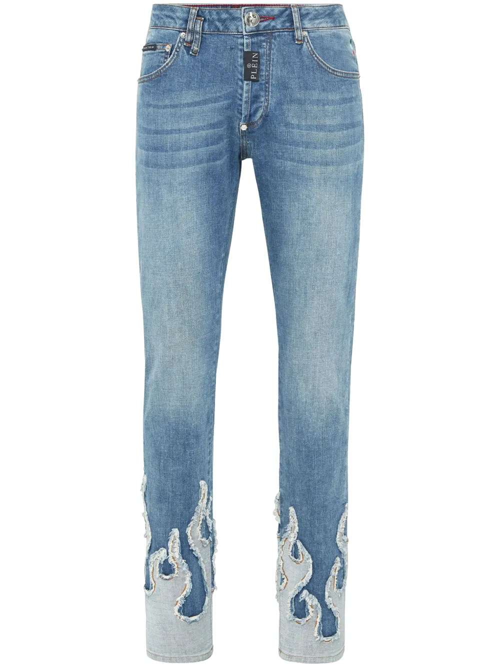 flame-appliqué jeans